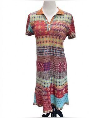 IVKO Woman 100% Cotton Patchwork Print Polo Dress Midi Multicolor Size L / 40
